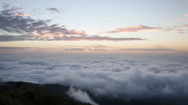 Güzel dağ deniz sis ve gündoğumu sabah ile