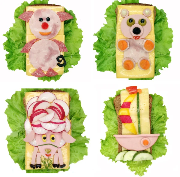 Sándwich de verduras creativas con queso y salchicha —  Fotos de Stock