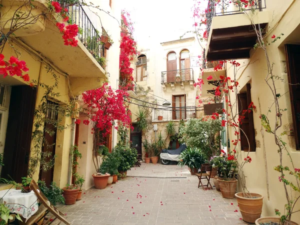 Traditionele straat tussen bougainvillaea in chanya city Griekenland — Stockfoto