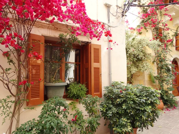 Traditionelle straße amoung bougainvillaea in chanya city griechenland — Stockfoto