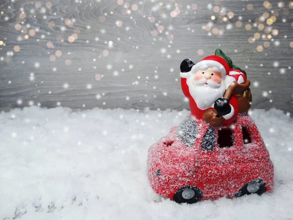 Winter Christmas Background Santa Red Car Decor Snow Blue Wooden — Fotografia de Stock