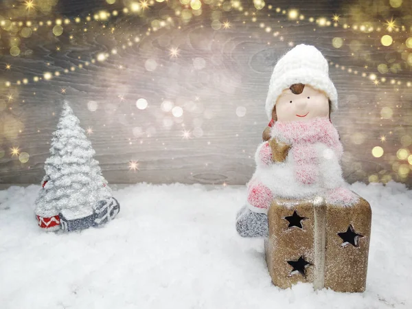 Invierno Navidad Decoración Niña Juguete Nieve Guirnalda Luces — Foto de Stock