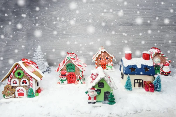 Invierno Navidad Decoración Jengibre Casa Nieve Guirnaldas Luces — Foto de Stock