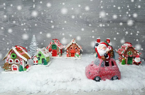 Fondo Navidad Invierno Con Santa Decoración Del Coche Rojo Nieve — Foto de Stock