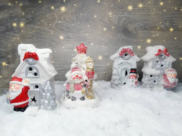 Inverno Natal Fundo Com Neve Decoração Boneco Neve Textura Madeira — Fotografia de Stock