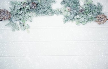 Noel arkaplanı köknar dalları koniler ve beyaz ahşap dokuda kar                              