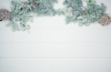 Noel arkaplanı köknar dalları koniler ve beyaz ahşap dokuda kar                              