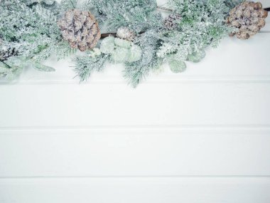 Noel arkaplanı köknar dalları koniler ve beyaz ahşap dokuda kar                              