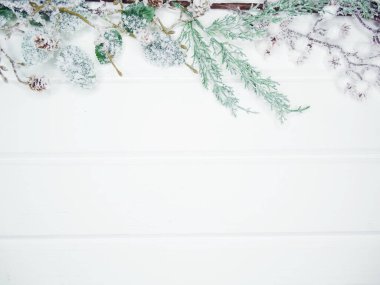 Noel arkaplanı köknar dalları koniler ve beyaz ahşap dokuda kar                              