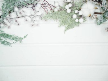 Noel arkaplanı köknar dalları koniler ve beyaz ahşap dokuda kar                              