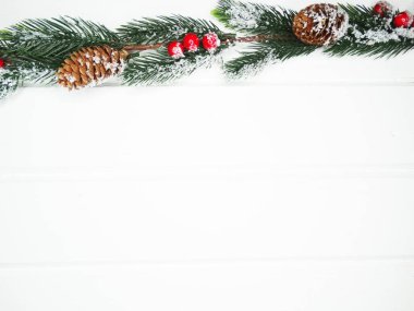 Noel arkaplanı köknar dalları koniler ve beyaz ahşap dokuda kar                              