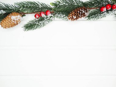 Noel arkaplanı köknar dalları koniler ve beyaz ahşap dokuda kar                              