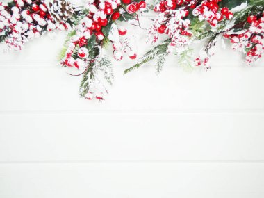 Noel arkaplanı köknar dalları koniler ve beyaz ahşap dokuda kar                              