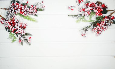 Noel arkaplanı köknar dalları koniler ve beyaz ahşap dokuda kar                              