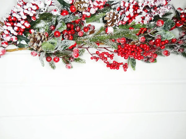 Winter Christmas Background Fir Branches Cones Snow White Wooden Texture — Stock Photo, Image