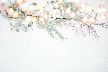 Noel arkaplanı köknar dalları koniler ve beyaz ahşap dokuda kar                              