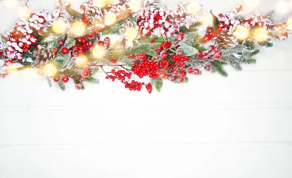 Winter Christmas Background Fir Branches Cones Snow White Wooden Texture — Stock Photo, Image