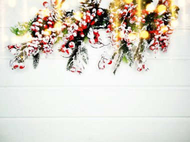 Noel arkaplanı köknar dalları koniler ve beyaz ahşap dokuda kar                              