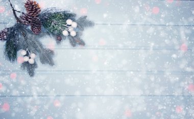 Kış Noel arkaplanı köknar dalları koniler ve mavi ahşap dokuda kar                              