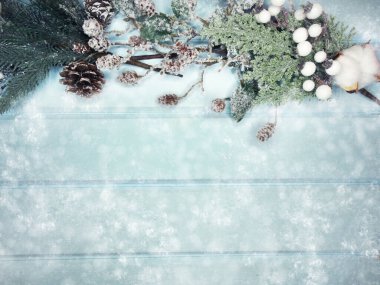 Kış Noel arkaplanı köknar dalları koniler ve mavi ahşap dokuda kar                              