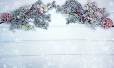 Kış Noel arkaplanı köknar dalları koniler ve mavi ahşap dokuda kar                              