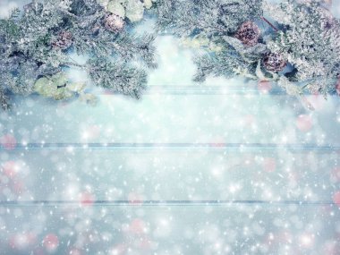 Kış Noel arkaplanı köknar dalları koniler ve mavi ahşap dokuda kar                              