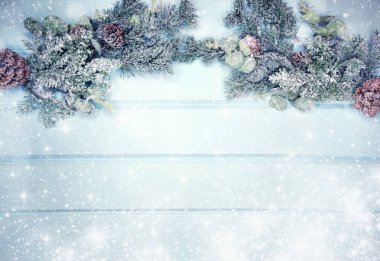 Kış Noel arkaplanı köknar dalları koniler ve mavi ahşap dokuda kar                              