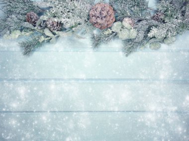 Kış Noel arkaplanı köknar dalları koniler ve mavi ahşap dokuda kar                              