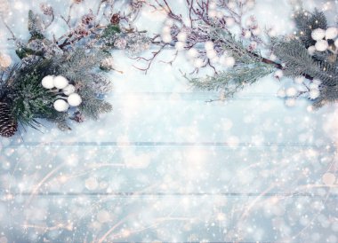 Kış Noel arkaplanı köknar dalları koniler ve mavi ahşap dokuda kar                              