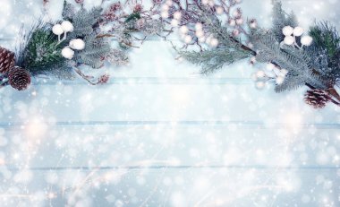 Kış Noel arkaplanı köknar dalları koniler ve mavi ahşap dokuda kar                              