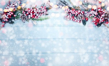 Kış Noel arkaplanı köknar dalları koniler ve mavi ahşap dokuda kar                              