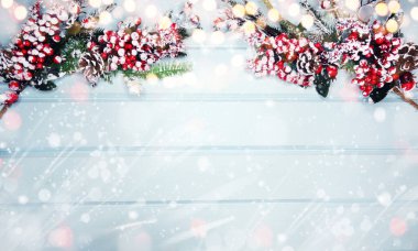 Kış Noel arkaplanı köknar dalları koniler ve mavi ahşap dokuda kar                              