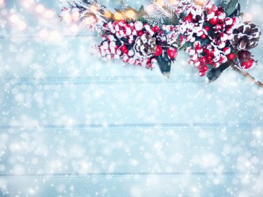 Kış Noel arkaplanı köknar dalları koniler ve mavi ahşap dokuda kar                              