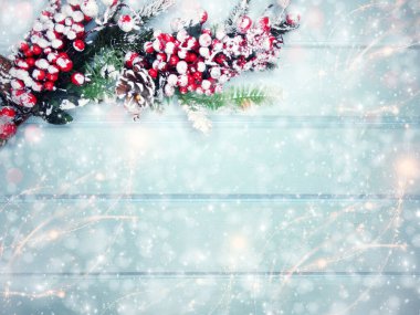 Kış Noel arkaplanı köknar dalları koniler ve mavi ahşap dokuda kar                              