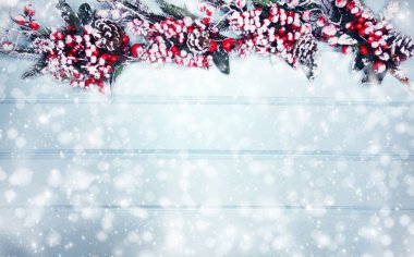 Kış Noel arkaplanı köknar dalları koniler ve mavi ahşap dokuda kar                              