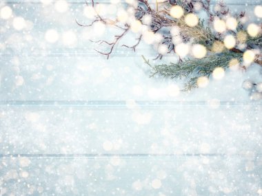 Kış Noel arkaplanı köknar dalları koniler ve mavi ahşap dokuda kar                              