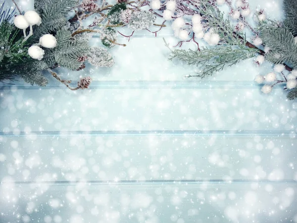 Kış Noel arkaplanı köknar dalları koniler ve mavi ahşap dokuda kar                              