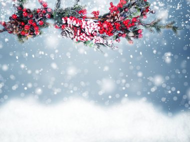 Kış Noel arkaplanı köknar dalları koniler ve kar çelengi ışıkları