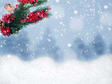 Kış Noel arkaplanı köknar dalları koniler ve kar çelengi ışıkları