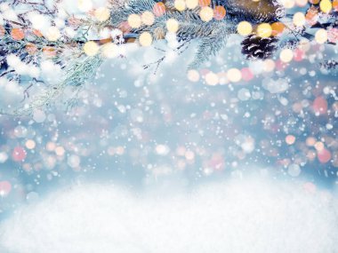 Kış Noel arkaplanı köknar dalları koniler ve kar çelengi ışıkları