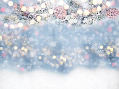 Kış Noel arkaplanı köknar dalları koniler ve kar çelengi ışıkları