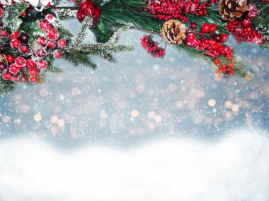 Kış Noel arkaplanı köknar dalları koniler ve kar çelengi ışıkları