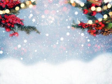 Kış Noel arkaplanı köknar dalları koniler ve kar çelengi ışıkları