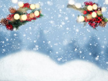 Kış Noel arkaplanı köknar dalları koniler ve kar çelengi ışıkları