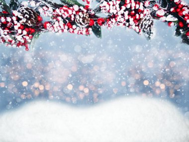 Kış Noel arkaplanı köknar dalları koniler ve kar çelengi ışıkları