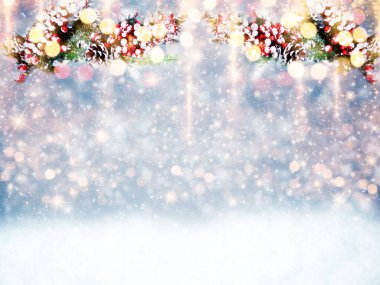 Kış Noel arkaplanı köknar dalları koniler ve kar çelengi ışıkları