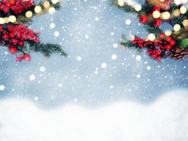 Kış Noel arkaplanı köknar dalları koniler ve kar çelengi ışıkları