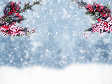 Kış Noel arkaplanı köknar dalları koniler ve kar çelengi ışıkları