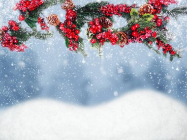 Kış Noel arkaplanı köknar dalları koniler ve kar çelengi ışıkları