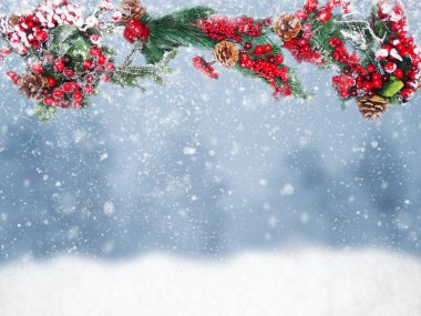 Kış Noel arkaplanı köknar dalları koniler ve kar çelengi ışıkları